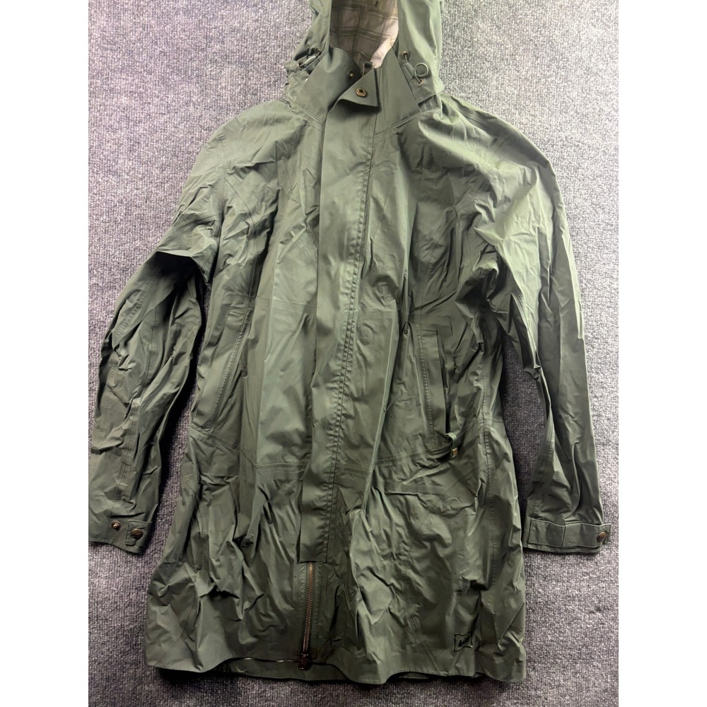 REI Rain Parka Jacket Womens L Green Elements Hooded Longline Plaid Lined 68383